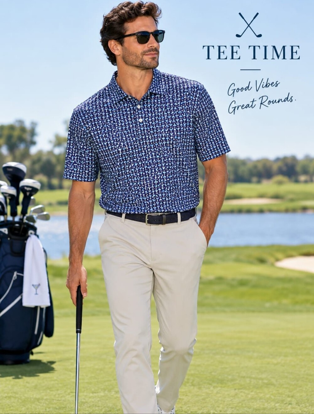 ⛳️Men's Navy Geometric Performance Polo Quick-dri